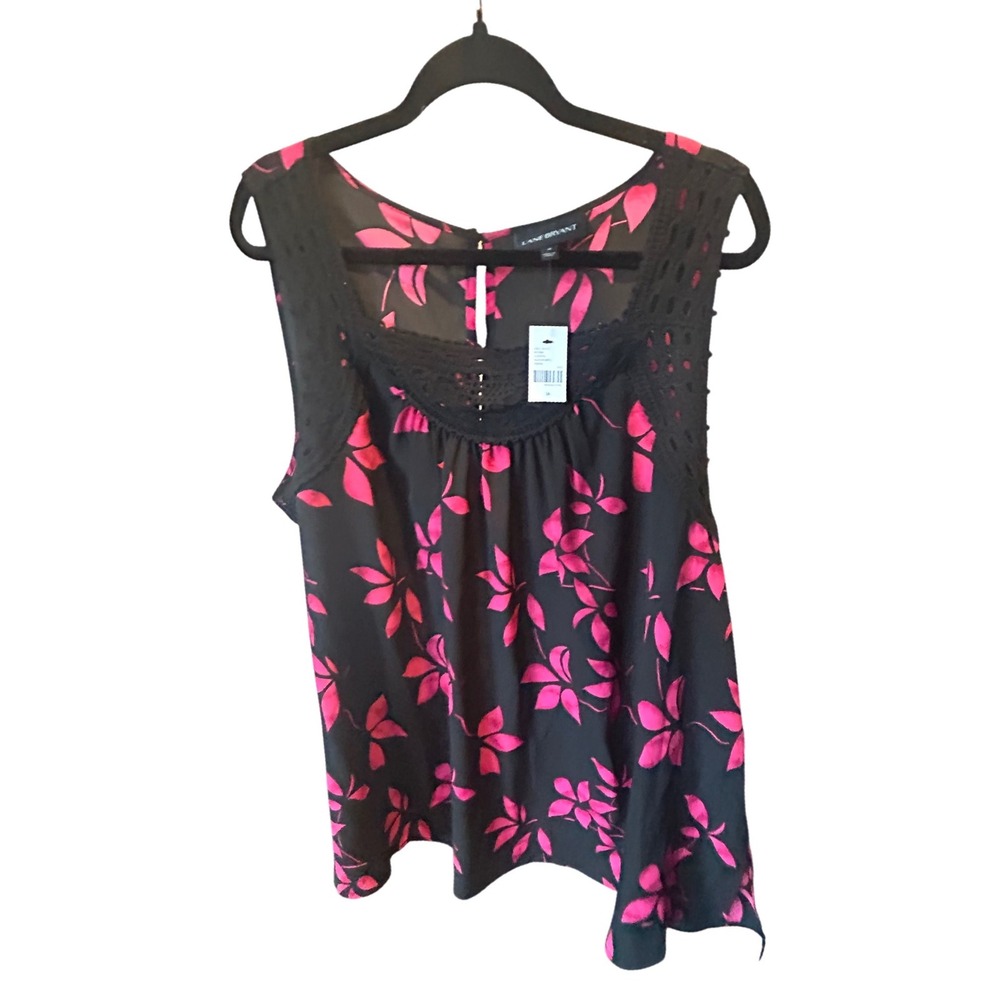 NWT Lane Bryant Black Pink Floral Lace Trim Sleeveless Top Plus Size‎ 16